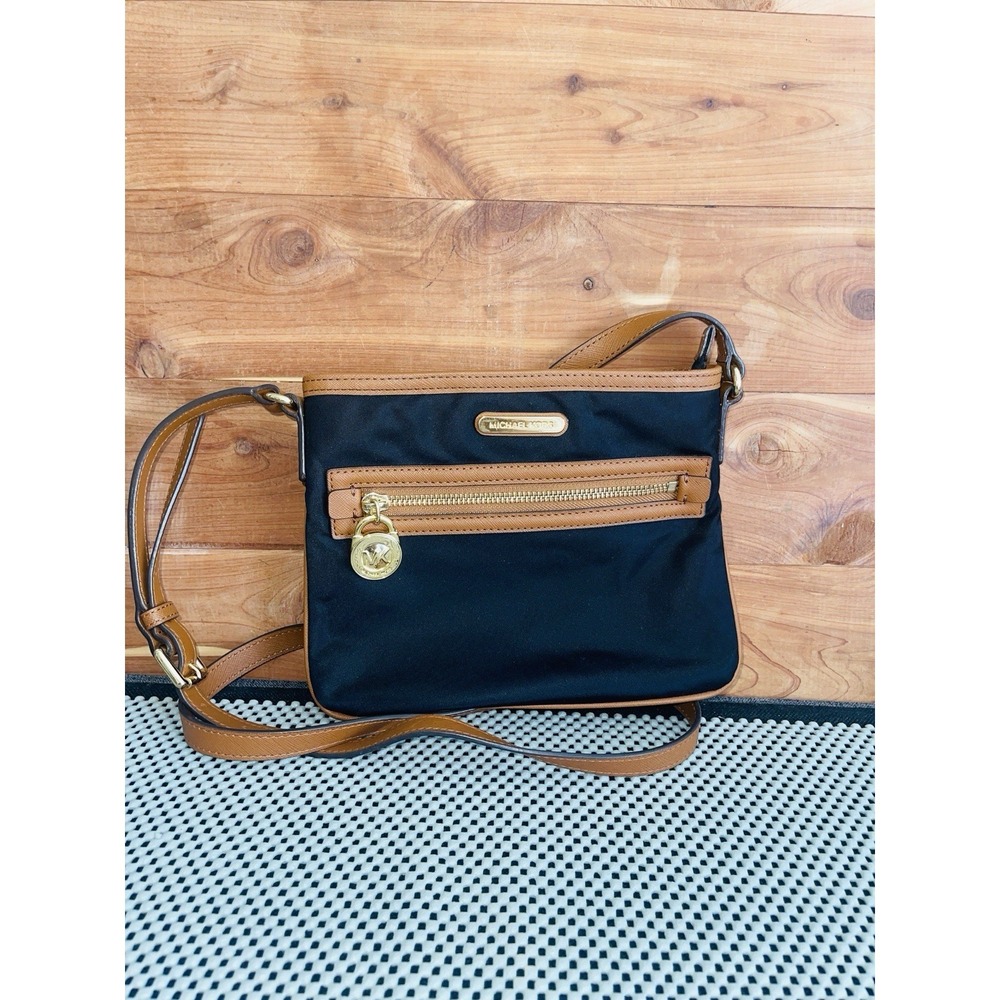 Michael Kors Kempton Black Nylon British Tan Leather Pocket Crossbody Bag
